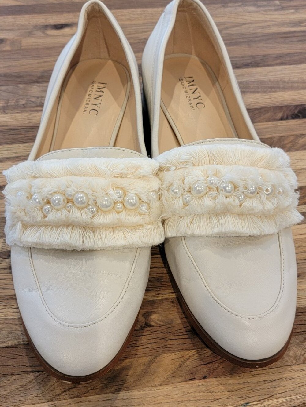 IMNYC Isacc Mizrahi White Embellished Slip On Dress Loafers in Cream/Pearl